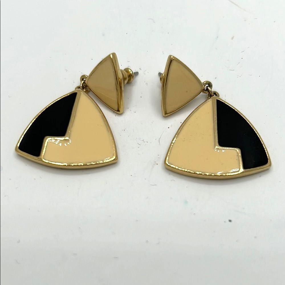 Vintage Trifari Geometric Gold and Black Pierced Earrings